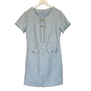 Medium Light Powder Blue Unique Tweed Mini Shift Office Siren Dress Classic Work